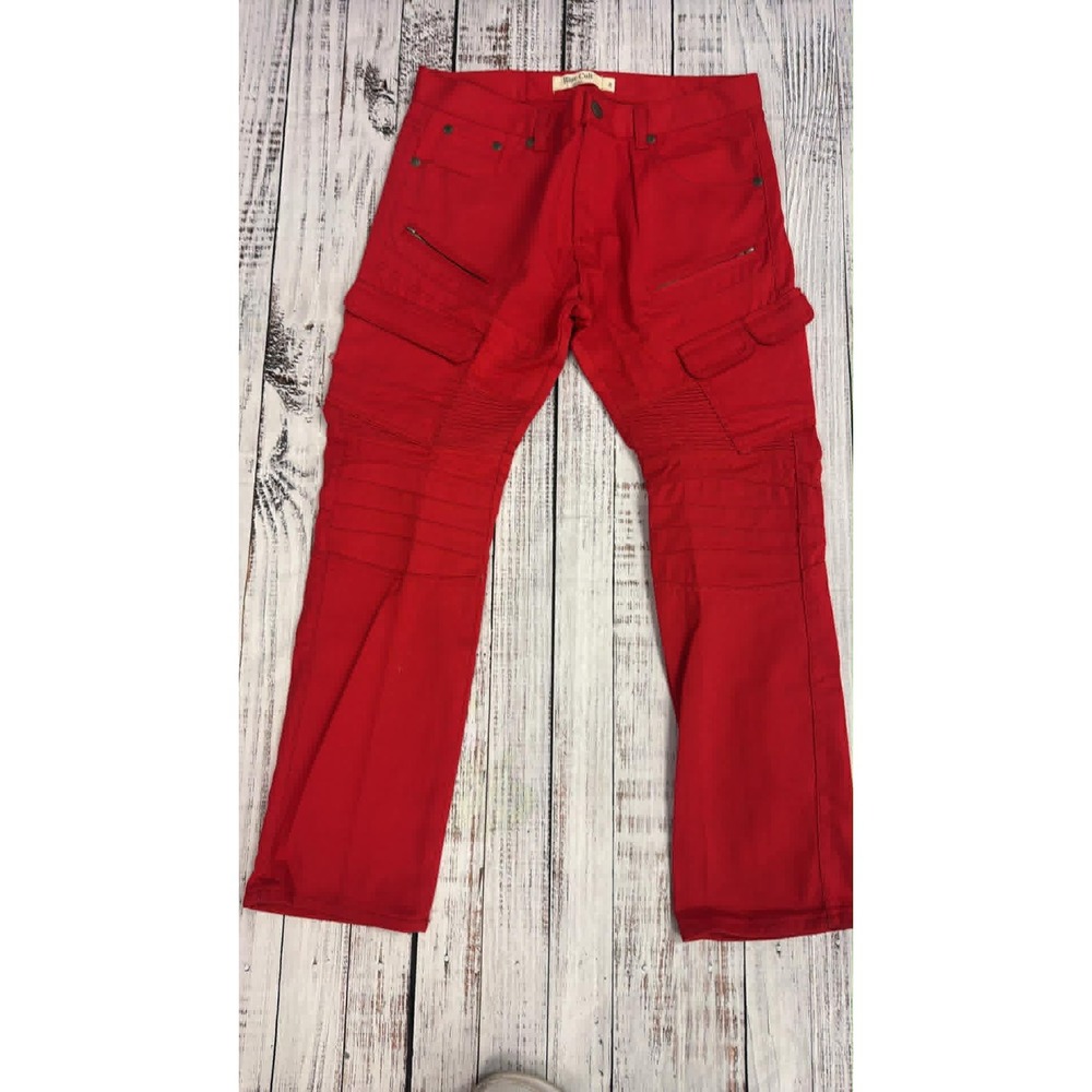 Blue Cult‎ Denim Mens Red Moto Cargo Jeans Ribbed Biker Pants Size 36
